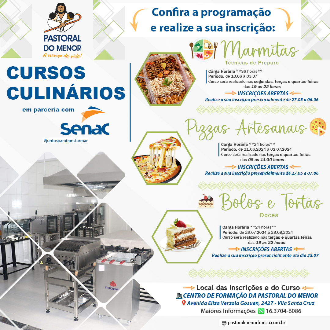 Inscrições abertas para o Curso de Culinária da Pastoral do Menor em parceria com o Senac